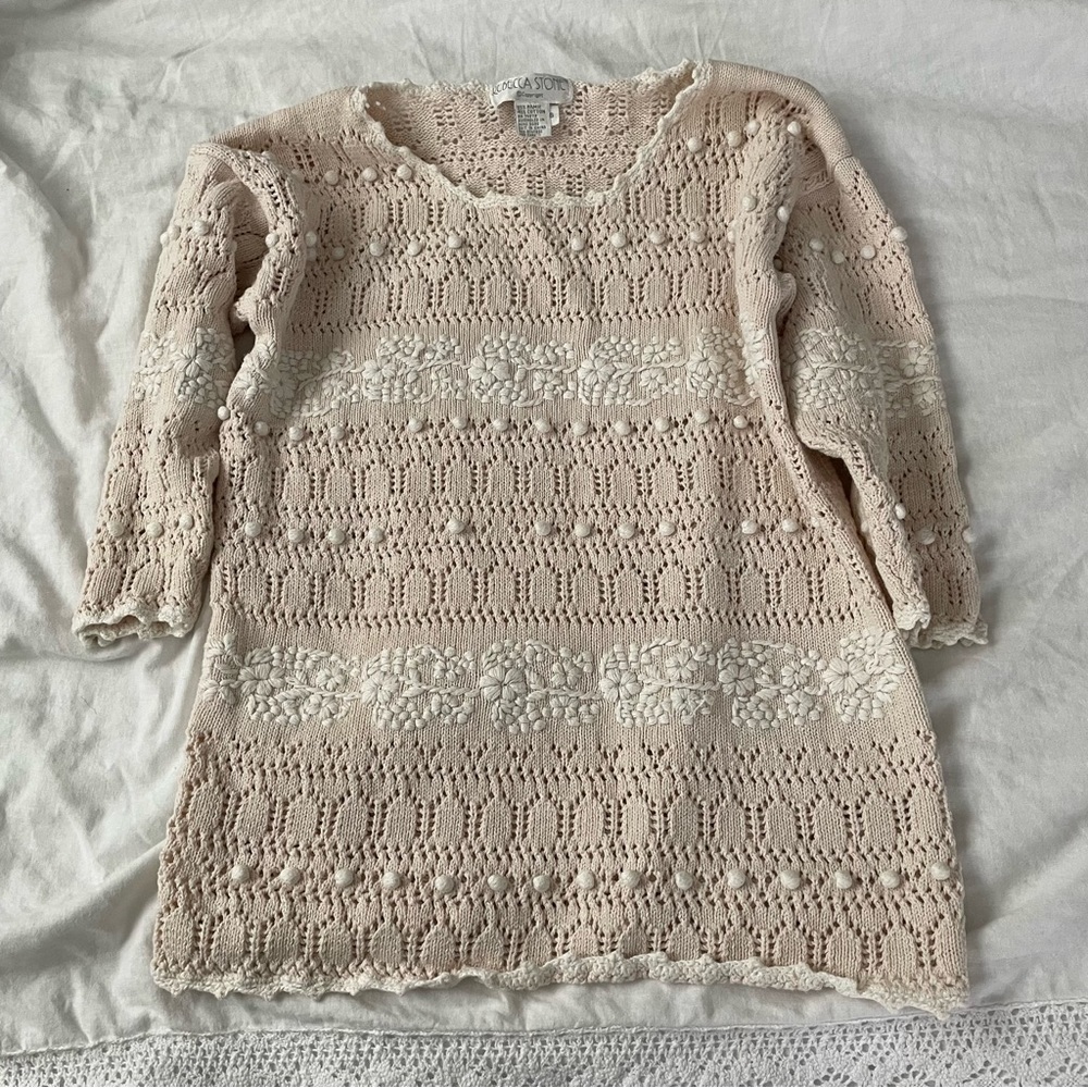 REBECCA STONE Sz Small Pompom crochet SWEATER Cream White cotton blend